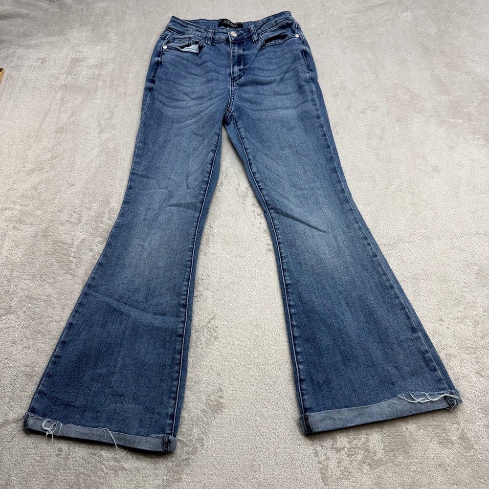 Judy Blue Flare Jeans Womens 3/26 Blue High Rise Raw Hem JRetro 70s Boho Denim